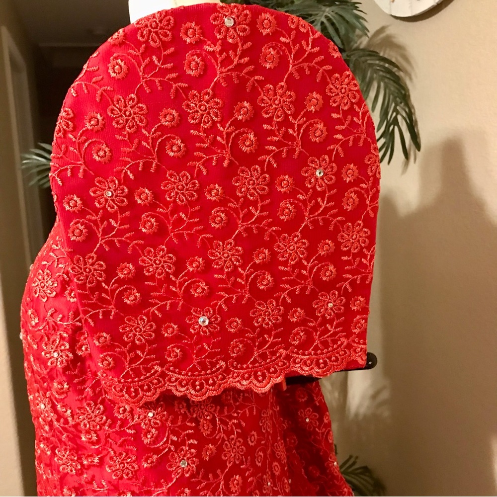 Red Lace Filipiniana 2 pieces Terno Gown with red Taffeta A-line Skirt - Picture 4 of 10